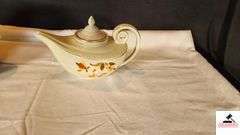 VINTAGE HALL' S SUPERIOR TILT BALL PITCHER/JUG - JEWEL HOMEMAKER KITCHENWARE AUTUMN LEAF - SMALL CHIP ON TOP LIP BY HANDLE - VINTAGE HALL'S SUPERIOR AUTUMN LEAF TEA POT ALADDIN STYLE - 3 PC SET WITH STRAINER INSERT AND DEFUSER - SPOUT IS CHIPPED - (GREAT ROOM CABINETS)