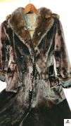 VINTAGE ROBERTS BROTHERS LUTON FUR COAT - HEAVY - DARK BROWN - LONG - LEFT POCKET UNSTITCHED AT TOP - (MASTER BATHROOM CLOSET)