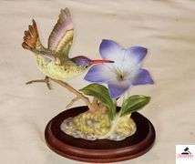 FINE PORCELAIN AND BRONZE STUDIO DESIGN H-8913 VIOLET-CROWNED HUMMINGBIRD WITH GENTAIN, CIRCA 1989 - (GREAT ROOM)
