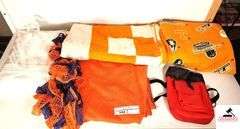(2) TENNESSEE VOLS BLANKETS - ORANGE BLANKET - BLUE AND ORANGE SCARF - ROBE INITIAL "O" - RED BAG - (NE BEDROOM CLOSET)