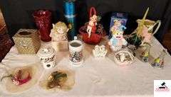 JESTER MUSICAL HANDPAINTED HANDCRAFTED CERAMIC ROATATING MUSIC BOX - SMALL BLOND HAIR DOLL MUSIC BOX MAY NOT PLAY - INSCENT HANDPAINTED DUCKS CHINA - UCAGO HANDPAINTED BIRD VASE - FIREPLACE MATCH BOX - BASKET DECORATIVE - MINI HATS - HANDPAINTED PITCHER BOTTOM MISSING - VINEGAR AND OIL CRUETS HANDPAINTED BOTTOMS BROKE ON ONE - HANDS WITH BIBLE VERSE - BUDWEISER SEASON GREETING CUPS - BASKETS - METAL TISSUE BOX - MISCELLANEOUS - (GREAT ROOM CABINETS)