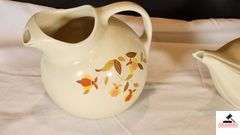 VINTAGE HALL' S SUPERIOR TILT BALL PITCHER/JUG - JEWEL HOMEMAKER KITCHENWARE AUTUMN LEAF - SMALL CHIP ON TOP LIP BY HANDLE - VINTAGE HALL'S SUPERIOR AUTUMN LEAF TEA POT ALADDIN STYLE - 3 PC SET WITH STRAINER INSERT AND DEFUSER - SPOUT IS CHIPPED - (GREAT ROOM CABINETS)