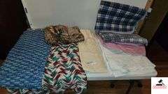 CROCHET AFGHAN - THROW - NEW CURTAIN PANEL - EXTRA CURTIAN PANELS - 3 PADS LIKE NEW - WHITE BLANKET - (MIDDLE BEDROOM CLOSET)