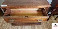 ANTIQUE DRESSER BASE - 39 1/2" WIDE X 18" DEEP X 33 1/2" TALL - THREE DRAWERS - BRASS PULLS  (MASTER BATH)