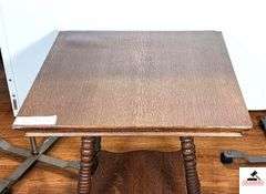 ANTIQUE OAK LAMP TABLE - 2 FT.  X 2 FT. - 4 TURNED LEGS - SOLID EXPANDER - 4 BRASS CLAW & BALL FEET - VENEER BUBBLED SLIGHTLY - ( GREAT ROOM)