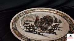 TURKEY SERVING PLATTER WITH TURKEY DESIGN - GRAVY BOAT, HANDLE CRACKED, CHIPPED ON EDGE - CHRISTMAS TRAY - AMBER ASHTRAY - VINTAGE BROWN ASHTRAY - GLASS TRIVET - (UTILITY ROOM)