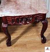 SIDE TABLE WITH PINK MARBLE TOP - ORNATE BASE  - BALL AND CLAW FEET - ROUND CORNERS, SCALLOPPED EDGES - CARVED OGG LEGS - 21 1/2" WIDE X 22 3/4" DEEP X 18" TALL - (GREAT ROOM)