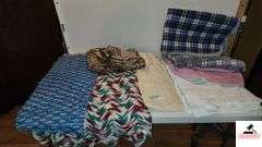 CROCHET AFGHAN - THROW - NEW CURTAIN PANEL - EXTRA CURTIAN PANELS - 3 PADS LIKE NEW - WHITE BLANKET - (MIDDLE BEDROOM CLOSET)
