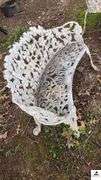 (2) WHITE WROUGHT IRON BENCHES - 36" WIDE - TWO LEGS BROKEN ON ONE - NEEDS REPAIR - (BEHIND SHED)