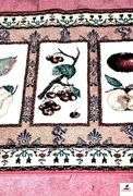 AREA RUG - 39" X 56 3/4" LONG - TIGHT WEAVE - PINK RED, 3 FRUIT PATTERN - PEARS, CHERRIES, APPLES (NW BEDROOM)