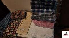 CROCHET AFGHAN - THROW - NEW CURTAIN PANEL - EXTRA CURTIAN PANELS - 3 PADS LIKE NEW - WHITE BLANKET - (MIDDLE BEDROOM CLOSET)