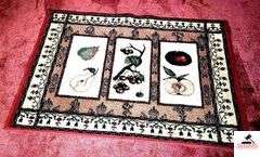 AREA RUG - 39" X 56 3/4" LONG - TIGHT WEAVE - PINK RED, 3 FRUIT PATTERN - PEARS, CHERRIES, APPLES (NW BEDROOM)