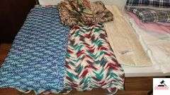 CROCHET AFGHAN - THROW - NEW CURTAIN PANEL - EXTRA CURTIAN PANELS - 3 PADS LIKE NEW - WHITE BLANKET - (MIDDLE BEDROOM CLOSET)