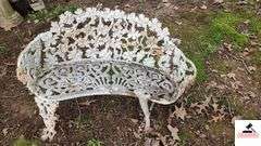 (2) WHITE WROUGHT IRON BENCHES - 36" WIDE - TWO LEGS BROKEN ON ONE - NEEDS REPAIR - (BEHIND SHED)