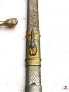 WOLF BROWN W.B. SWORD - STAINLESS - GERMANY & METAL SHEATH  - SHOWS RUST & WORN - SWORD IN GOOD CONDITION FOR AGE - HANDLE HAS EAGLE HEAD