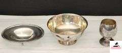 MERIDIAN SILVERLATE PEDESTAL CUP - SHERIDAN SILVERPLATE BOWL WITH RAISED BASE - CAMILLE INTERNATIONAL SILVER COMPANY 6048 - SERVING BOWL 6 1/2" WIDE X 7 1/2" LONG - ROSES PATTERN - (CHINA CABINET, ENTRANCE FOYER)