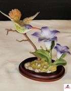 FINE PORCELAIN AND BRONZE STUDIO DESIGN H-8903 VIOLET-CROWNED HUMMINGBIRD WITH GENTAIN, CIRCA 1989 - (GREAT ROOM)