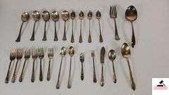 (24) TOTAL PCS. - (5) SUGAR SHELLS - (4) ICE TEA SPOONS - (6) SALAD FORKS - (2) ICE TEA SPOONS -  PICKLE FORK - BUTTER KNIFE - TEA SPOON - SERVING FORK - ETC. - (MAPLE HUTCH GREAT ROOM)