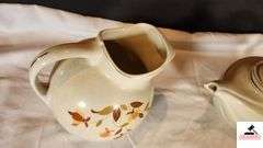 VINTAGE HALL' S SUPERIOR TILT BALL PITCHER/JUG - JEWEL HOMEMAKER KITCHENWARE AUTUMN LEAF - SMALL CHIP ON TOP LIP BY HANDLE - VINTAGE HALL'S SUPERIOR AUTUMN LEAF TEA POT ALADDIN STYLE - 3 PC SET WITH STRAINER INSERT AND DEFUSER - SPOUT IS CHIPPED - (GREAT ROOM CABINETS)
