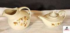 VINTAGE HALL' S SUPERIOR TILT BALL PITCHER/JUG - JEWEL HOMEMAKER KITCHENWARE AUTUMN LEAF - SMALL CHIP ON TOP LIP BY HANDLE - VINTAGE HALL'S SUPERIOR AUTUMN LEAF TEA POT ALADDIN STYLE - 3 PC SET WITH STRAINER INSERT AND DEFUSER - SPOUT IS CHIPPED - (GREAT ROOM CABINETS)
