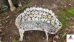 (2) WHITE WROUGHT IRON BENCHES - 36" WIDE - TWO LEGS BROKEN ON ONE - NEEDS REPAIR - (BEHIND SHED)