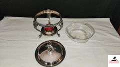 SILVERPLATE ORNATE STAND - 3 LEGS AND FEET - LID - GLASS PYREX INSERT - FONDUE TYPE STAND - (KITCHEN CABINET)