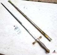 WOLF BROWN W.B. SWORD - STAINLESS - GERMANY & METAL SHEATH  - SHOWS RUST & WORN - SWORD IN GOOD CONDITION FOR AGE - HANDLE HAS EAGLE HEAD
