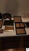 (14) FRAMES - DECORATIVE FRAMES - GOLD, BLACK, BROWN FRAMES - TWO FOLDING PORTRAIT FRAMES - (MASTER BATHROOM CLOSET)