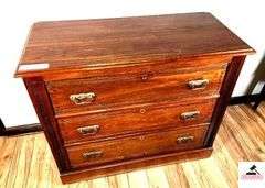 ANTIQUE DRESSER BASE - 39 1/2" WIDE X 18" DEEP X 33 1/2" TALL - THREE DRAWERS - BRASS PULLS  (MASTER BATH)