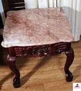 SIDE TABLE WITH PINK MARBLE TOP - ORNATE BASE  - BALL AND CLAW FEET - ROUND CORNERS, SCALLOPPED EDGES - CARVED OGG LEGS - 21 1/2" WIDE X 22 3/4" DEEP X 18" TALL - (GREAT ROOM)