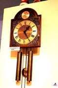 TEMPUS FUGIT WALL CLOCK - WEIGHTS - SHOW AGE - BRASS PENDULUM - CHAINS - ROMAN NUMERALS BRASS FACE - OPERATING CONDITION UNKNOWN MADE IN GERMANY - (GREAT ROOM)