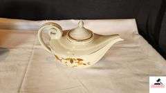 VINTAGE HALL' S SUPERIOR TILT BALL PITCHER/JUG - JEWEL HOMEMAKER KITCHENWARE AUTUMN LEAF - SMALL CHIP ON TOP LIP BY HANDLE - VINTAGE HALL'S SUPERIOR AUTUMN LEAF TEA POT ALADDIN STYLE - 3 PC SET WITH STRAINER INSERT AND DEFUSER - SPOUT IS CHIPPED - (GREAT ROOM CABINETS)