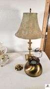 MISCELLANEOUS LAMPS - MILK GLASS LAMP WITH HANDLE - HANDPAINTED SHADE - BRASS LAMP WITH SHADE - BRASS WALL LAMP WITHOUT SHADE - BRASS LAMP WITH HANDPAINTED FLOWER FONT NO SHADE - MISCELLANEOUS SHADE - (TRAILER)