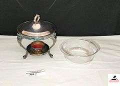 SILVERPLATE ORNATE STAND - 3 LEGS AND FEET - LID - GLASS PYREX INSERT - FONDUE TYPE STAND - (KITCHEN CABINET)