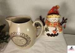 PIGEON FORGE POTTERY PITCHER - COMMERATING THE 200THANNIVERSARY - SEPT. 10TH 1974 - HANDPAINTED SNOWMAN DECORATIVE CANDLE HOLDER - TREE IN A CUP WITH UT ORNAMENTS AND TREE TOPPER NATIONAL CHAPINSHIP FIESTA BOWL PIN - (DEN)