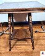 ANTIQUE OAK LAMP TABLE - 2 FT.  X 2 FT. - 4 TURNED LEGS - SOLID EXPANDER - 4 BRASS CLAW & BALL FEET - VENEER BUBBLED SLIGHTLY - ( GREAT ROOM)