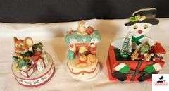 ENESCO MUSICAL BOX - HAVE YOURSELF A MERRY CHRISTMAS - DOES NOT PLAY - FIRE PLACE SCENE WITH CAT AND TEDDY BEAR MUSIC BOX - PLAYS MUSIC AND ROTATES - WOOD MUSIC BOX WITH SNOWMAN - PLAYS MUSIC AND CHRISTMAS TREE ROTATES - (NW BEDROOM)
