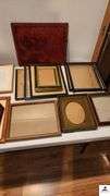 (15) FRAMES - STORAGE CHEST WITH PORTRAIT FRAMES ON TOP -  GOLF CAR FRAME - STITCHED FRAME -  MISCELLANEOUS SIZES - (MASTER BATHROOM CLOSET)