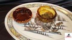 TURKEY SERVING PLATTER WITH TURKEY DESIGN - GRAVY BOAT, HANDLE CRACKED, CHIPPED ON EDGE - CHRISTMAS TRAY - AMBER ASHTRAY - VINTAGE BROWN ASHTRAY - GLASS TRIVET - (UTILITY ROOM)