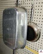 ALUMINIUM BAKING PAN -  TWO SKILLETS - COLANDER PAN - ALUMINIUM COOKING PAN - TONGS - BRUSHES - (2) BEAST CLAWS - (GARAGE)