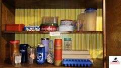 (5) TINS - TUBBERWARE JUGS - PLASIC GLASSES AND TUMBLERS - THERMOS - ICE CUBES - ICE TRAYS - PLASTIC FORKS - SMALL PLASTIC TRAYS -  ETC. - (UTILITY ROOM)