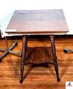 ANTIQUE OAK LAMP TABLE - 2 FT.  X 2 FT. - 4 TURNED LEGS - SOLID EXPANDER - 4 BRASS CLAW & BALL FEET - VENEER BUBBLED SLIGHTLY - ( GREAT ROOM)