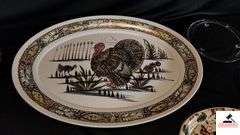 TURKEY SERVING PLATTER WITH TURKEY DESIGN - GRAVY BOAT, HANDLE CRACKED, CHIPPED ON EDGE - CHRISTMAS TRAY - AMBER ASHTRAY - VINTAGE BROWN ASHTRAY - GLASS TRIVET - (UTILITY ROOM)