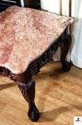 SIDE TABLE WITH PINK MARBLE TOP - ORNATE BASE  - BALL AND CLAW FEET - ROUND CORNERS, SCALLOPPED EDGES - CARVED OGG LEGS - 21 1/2" WIDE X 22 3/4" DEEP X 18" TALL - (GREAT ROOM)