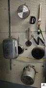 ALUMINIUM BAKING PAN -  TWO SKILLETS - COLANDER PAN - ALUMINIUM COOKING PAN - TONGS - BRUSHES - (2) BEAST CLAWS - (GARAGE)