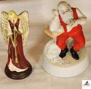 MUSICAL PORCELAIN SANTA READING HIS LIST - WISH YOU A MERRY CHRISTMAS - PLAYS MUSIC AND ROTATES - ANGEL WITH A HARP - (NW BEDROOM)
