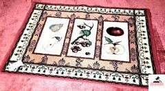 AREA RUG - 39" X 56 3/4" LONG - TIGHT WEAVE - PINK RED, 3 FRUIT PATTERN - PEARS, CHERRIES, APPLES (NW BEDROOM)