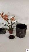 PEACOCK TRAY - DANCING GIRL STATUE - FLOWER POT - BATHROOM TRASH CAN - SOAP HOLDERS - (MASTER BATHROOM)