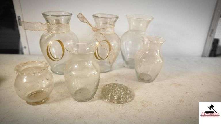 CLEAR VASES AND FLOWER FROG - (GARAGE)