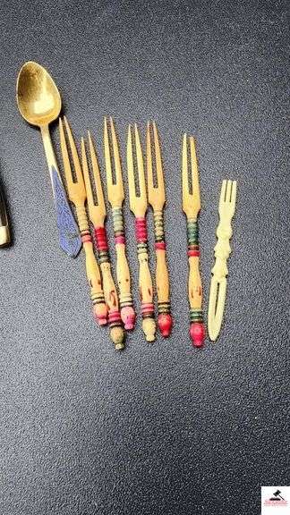 (6) SIAM BRONZE COCKTAIL FORKS - (6) NICKEL BRONZE FORKS - (6) SIAM SPOONS  - ODD BRASS SERVING SPOON